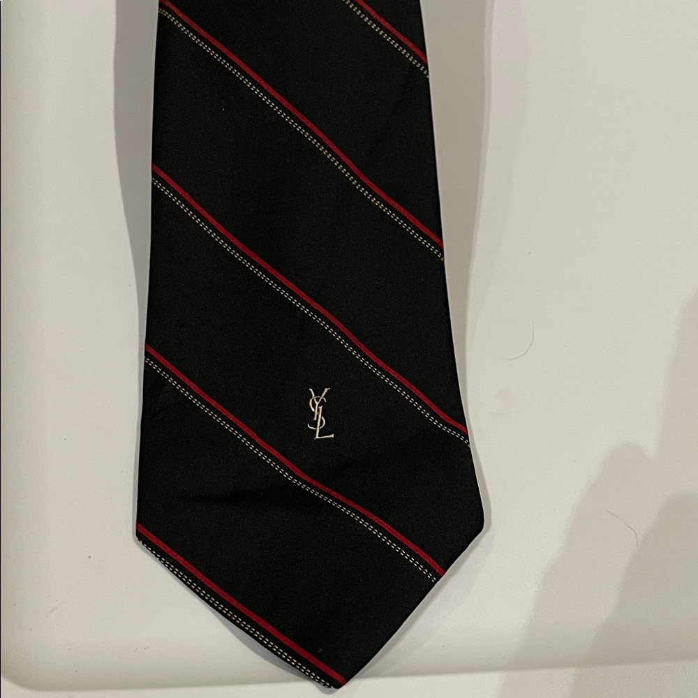Yves Saint Laurent Black Tie with Red and Cream Diagonal Stripes